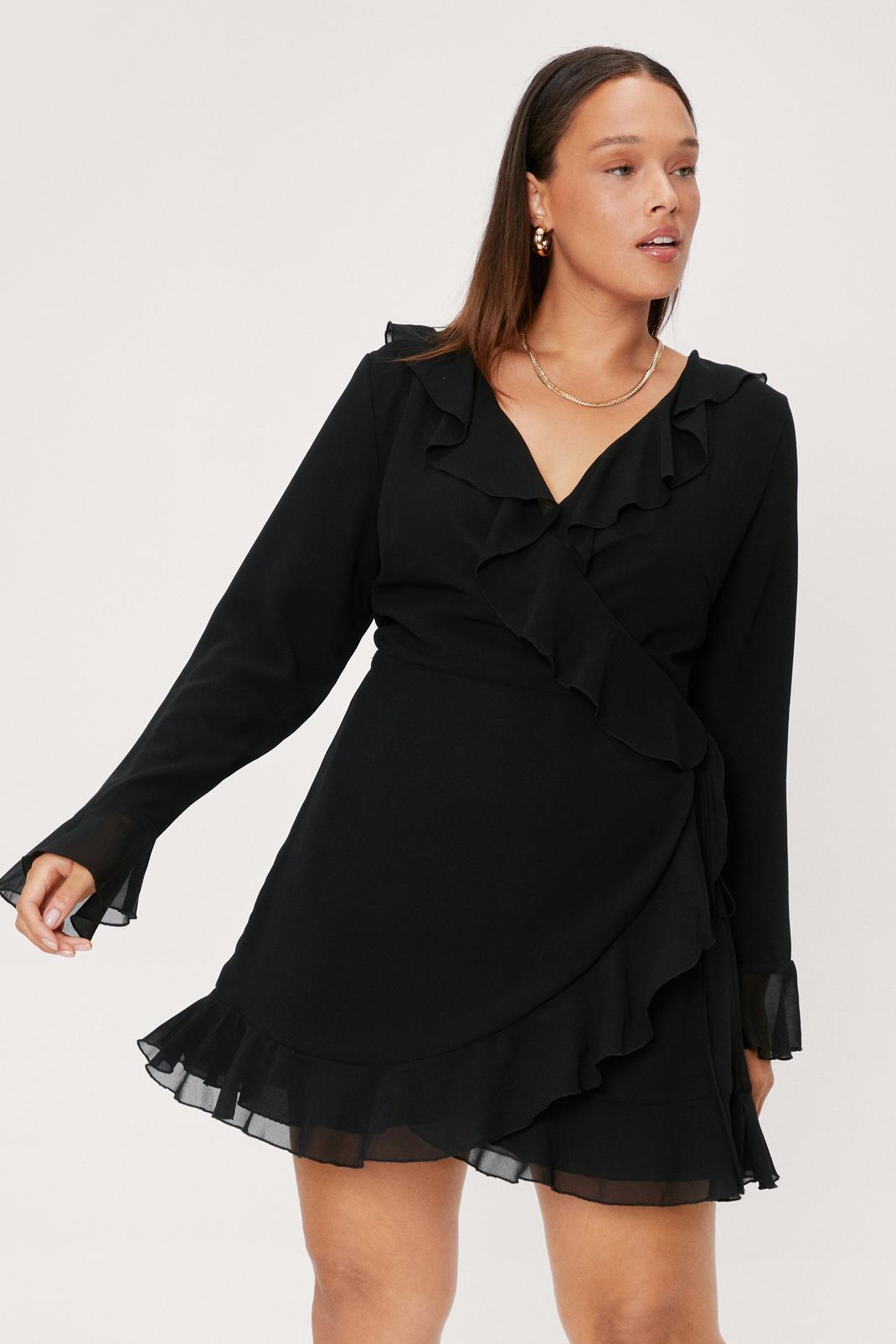 Black Plus Size Chiffon Ruffle Wrap Mini Dress image number 1