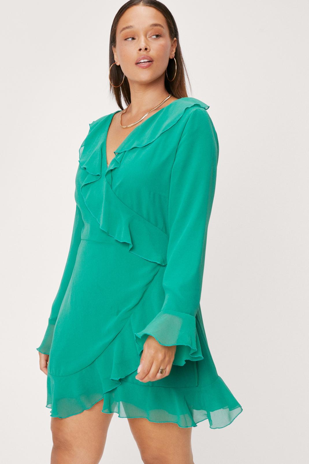 Green Plus Size Chiffon Ruffle Wrap Mini Dress image number 1