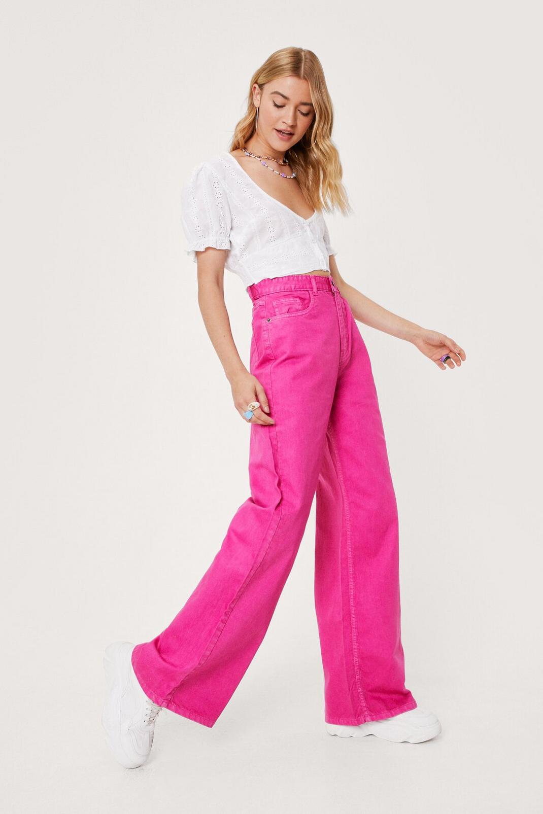 Jean large délavé à poches et surpiqûres, Hot pink image number 1