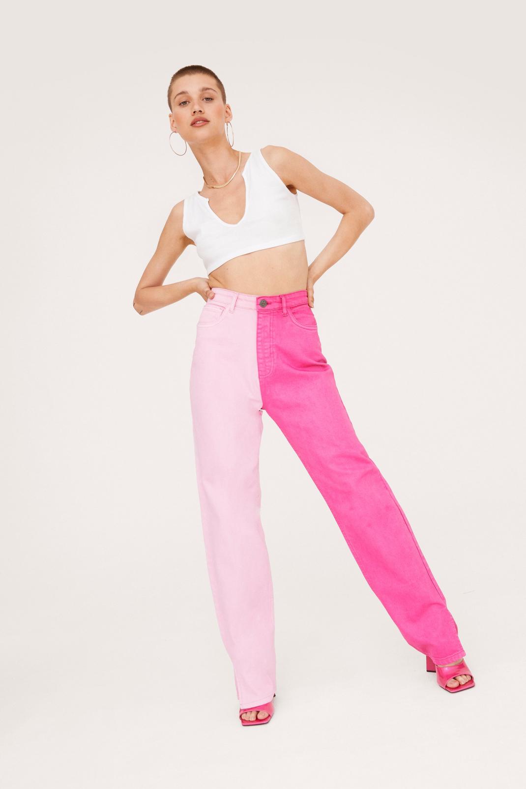 Pink Colour Block Split Hem Straight Jeans image number 1
