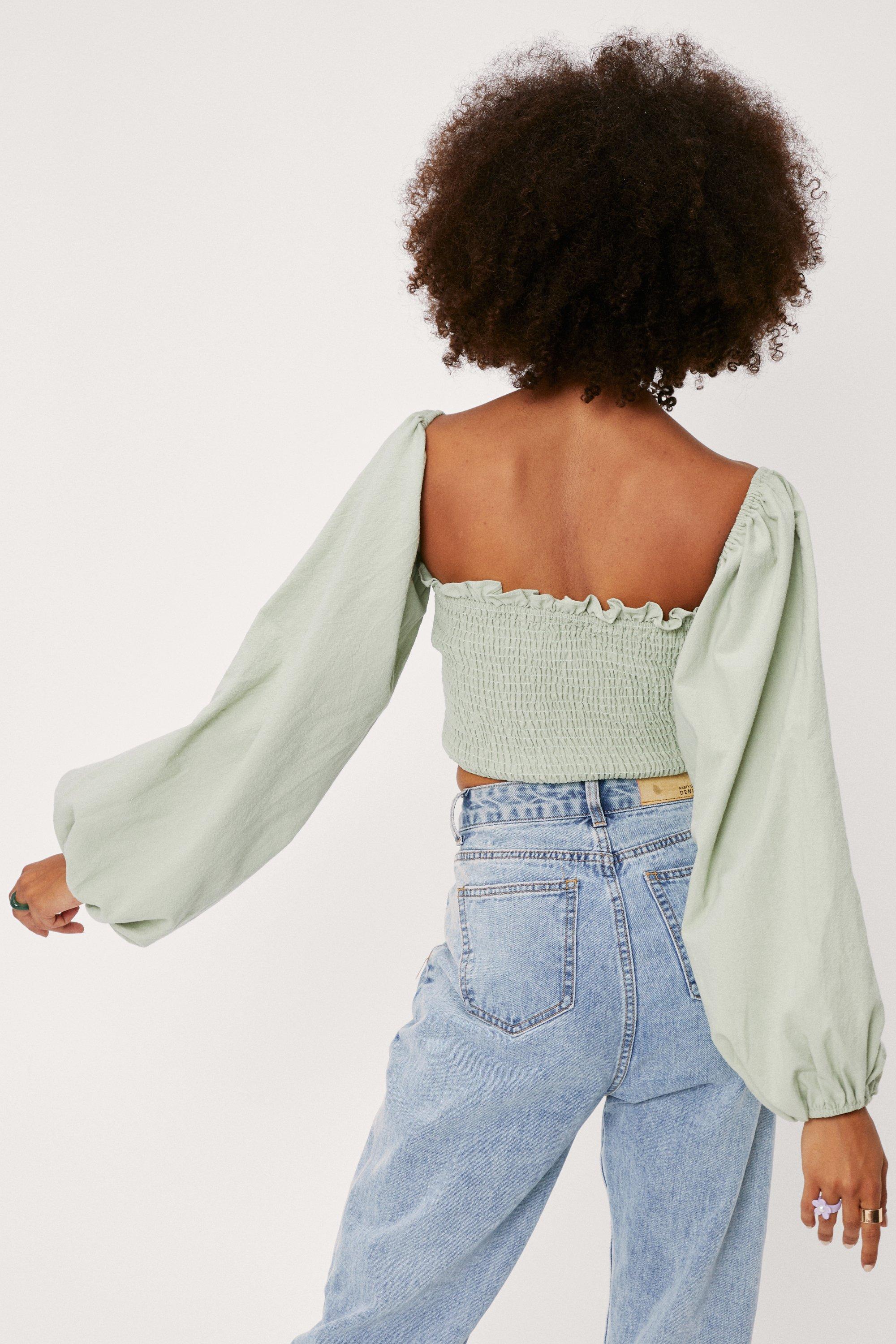 Linen Look Shirred Puff Sleeve Crop Top Nasty Gal