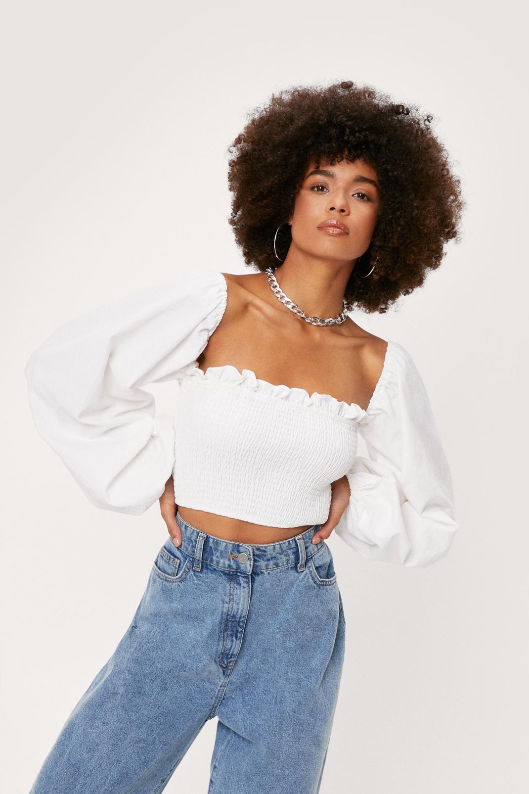 White Linen Look Shirred Puff Sleeve Crop Top image number 1