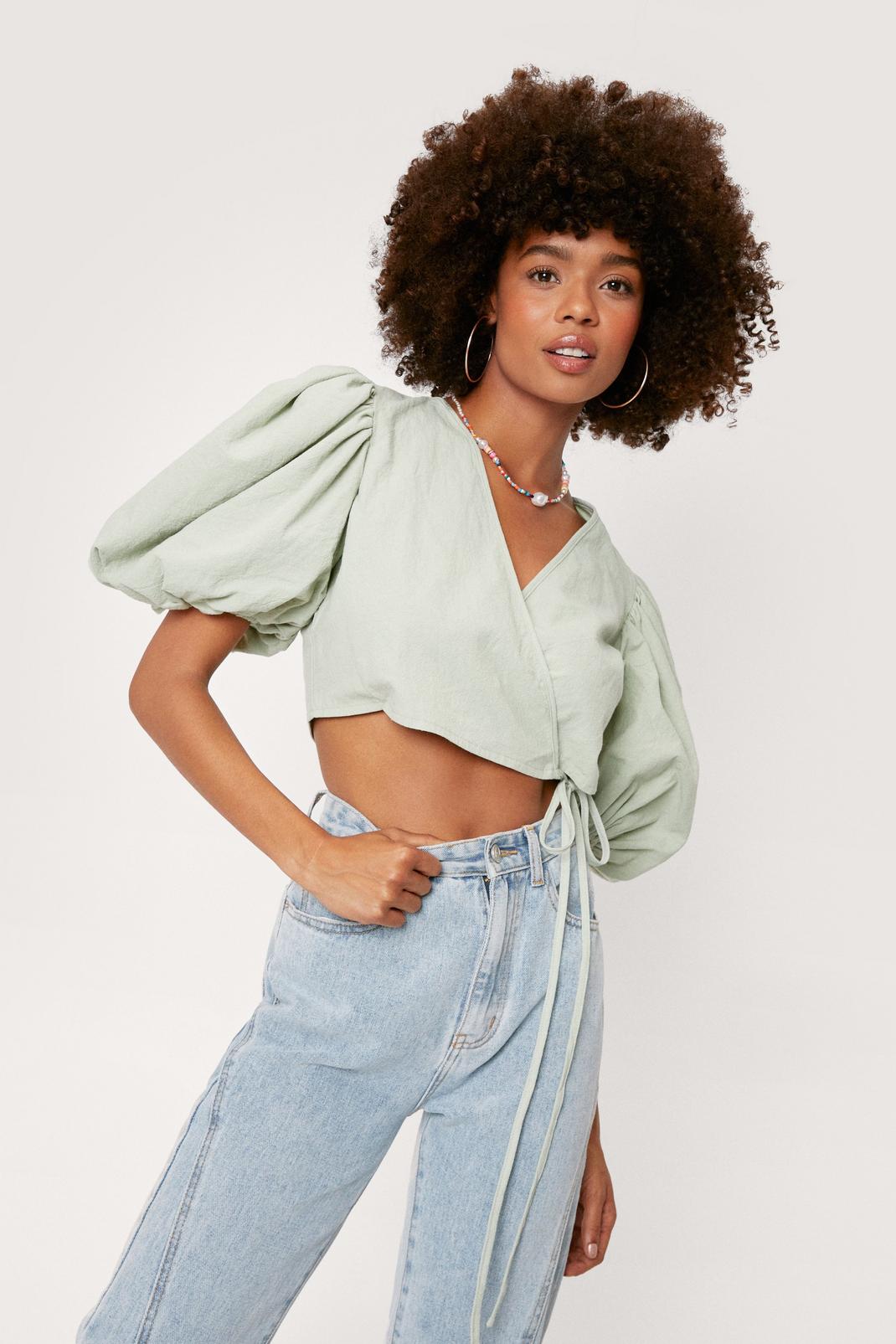 Sage Puff Sleeve Linen Look Wrap Blouse image number 1
