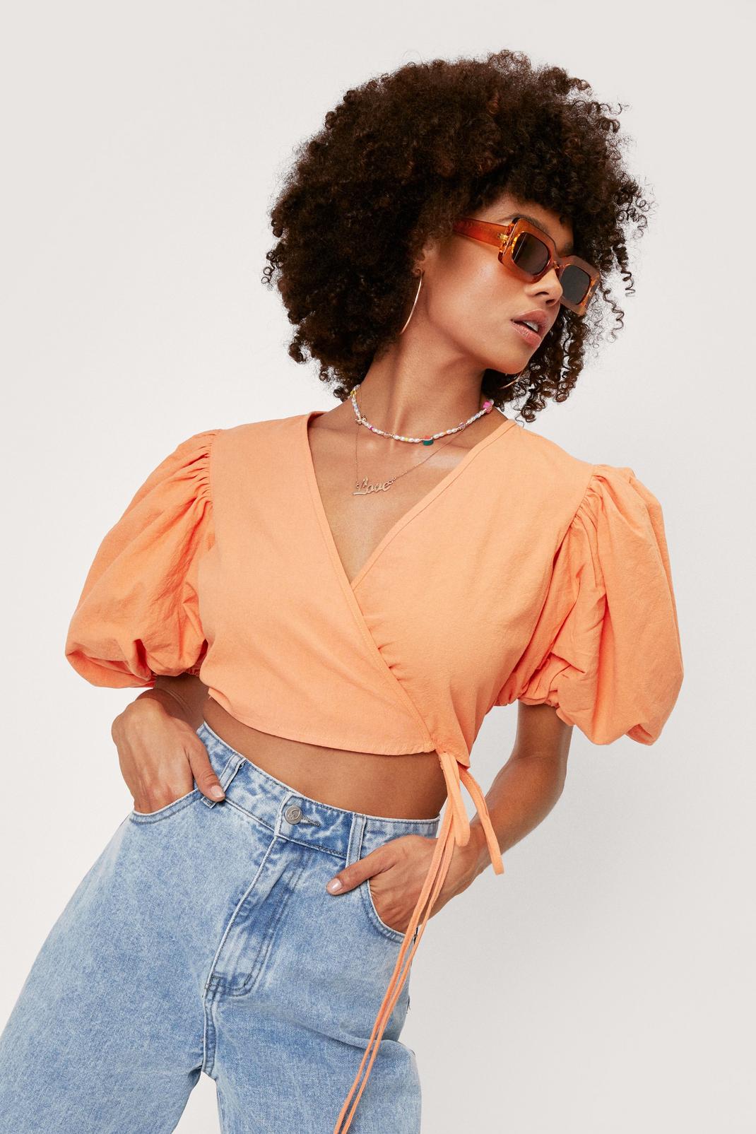 Tangerine Puff Sleeve Linen Look Wrap Blouse image number 1