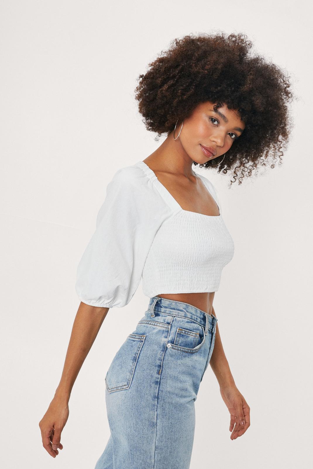 White Puff Sleeve Shirred Blouse image number 1