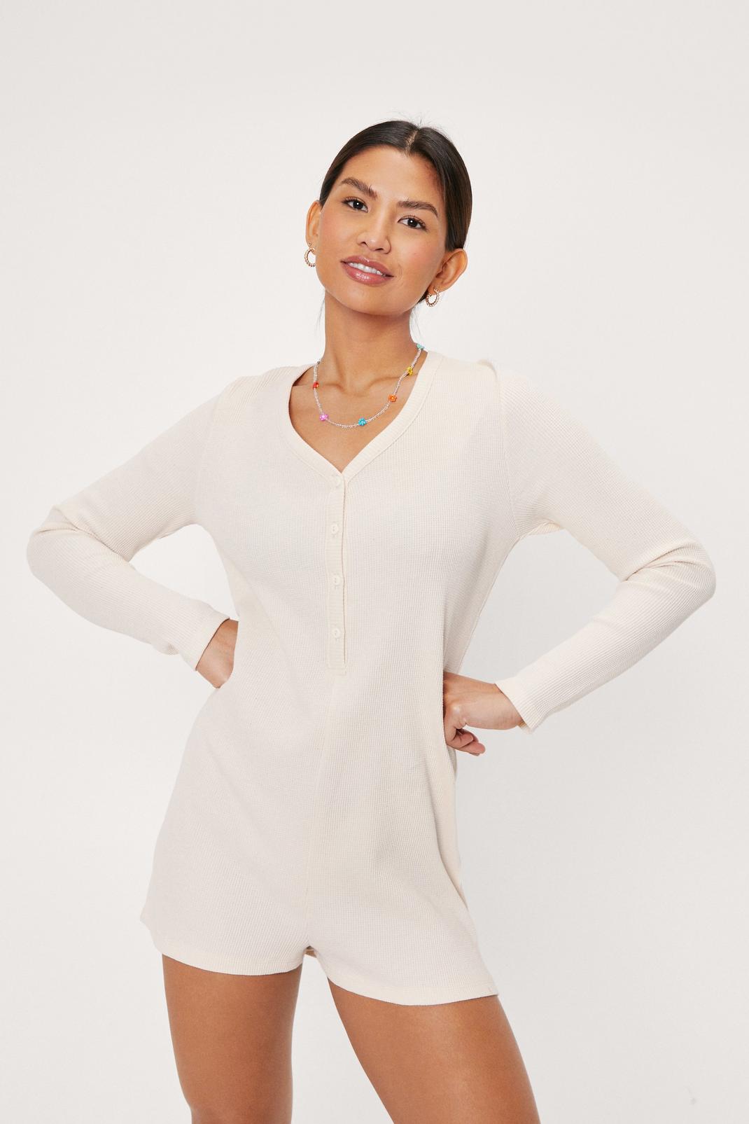 Cream Waffle Button Down Long Sleeve Playsuit image number 1