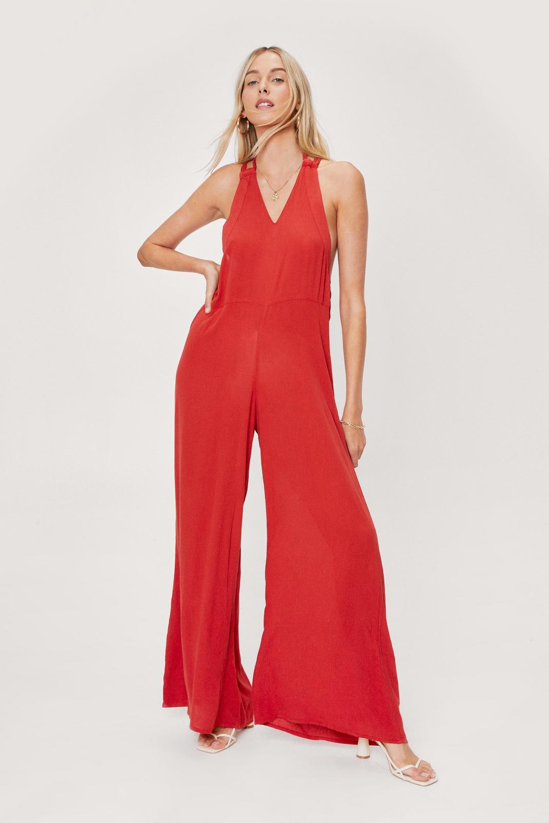 Rust Textured High Neck Wide Leg Jumpsuit image number 1
