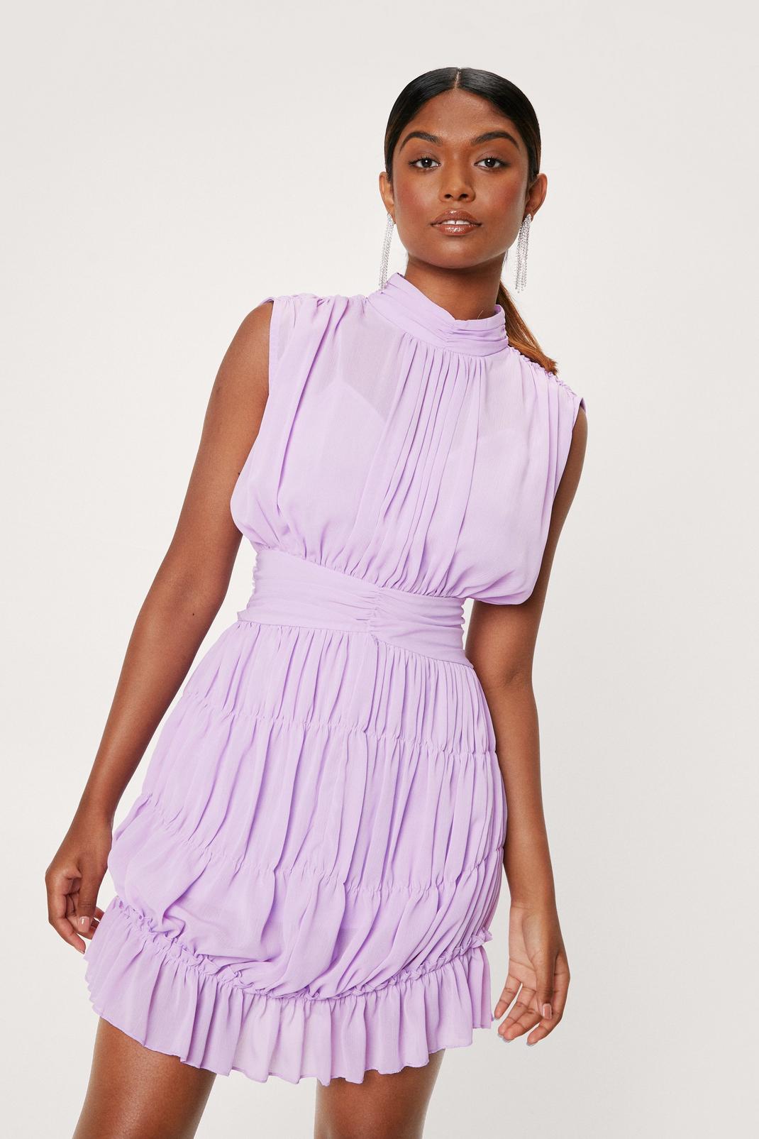 Lilac Shirred Skirt High Neck Chiffon Mini Dress image number 1