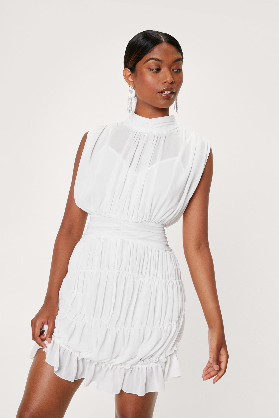 White Shirred Skirt High Neck Chiffon Mini Dress image number 1