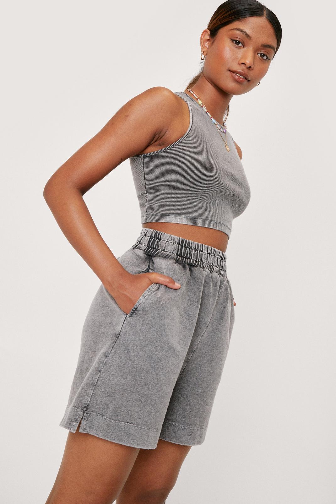 Charcoal Acid Wash Ribbed Racerback top and Sweat Shorts Set image number 1