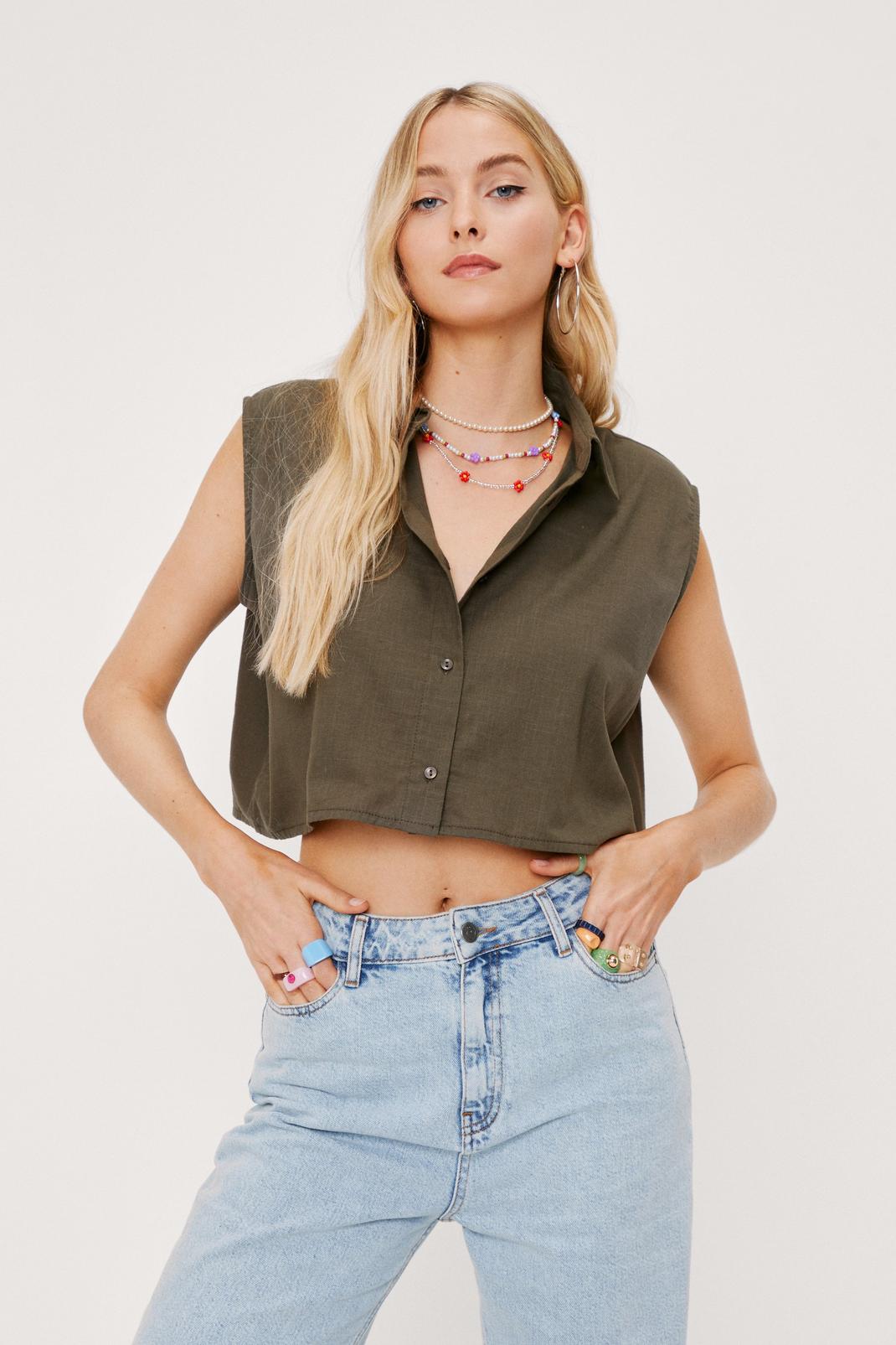 135 Linen Sleeveless Button Down Cropped Shirt image number 1