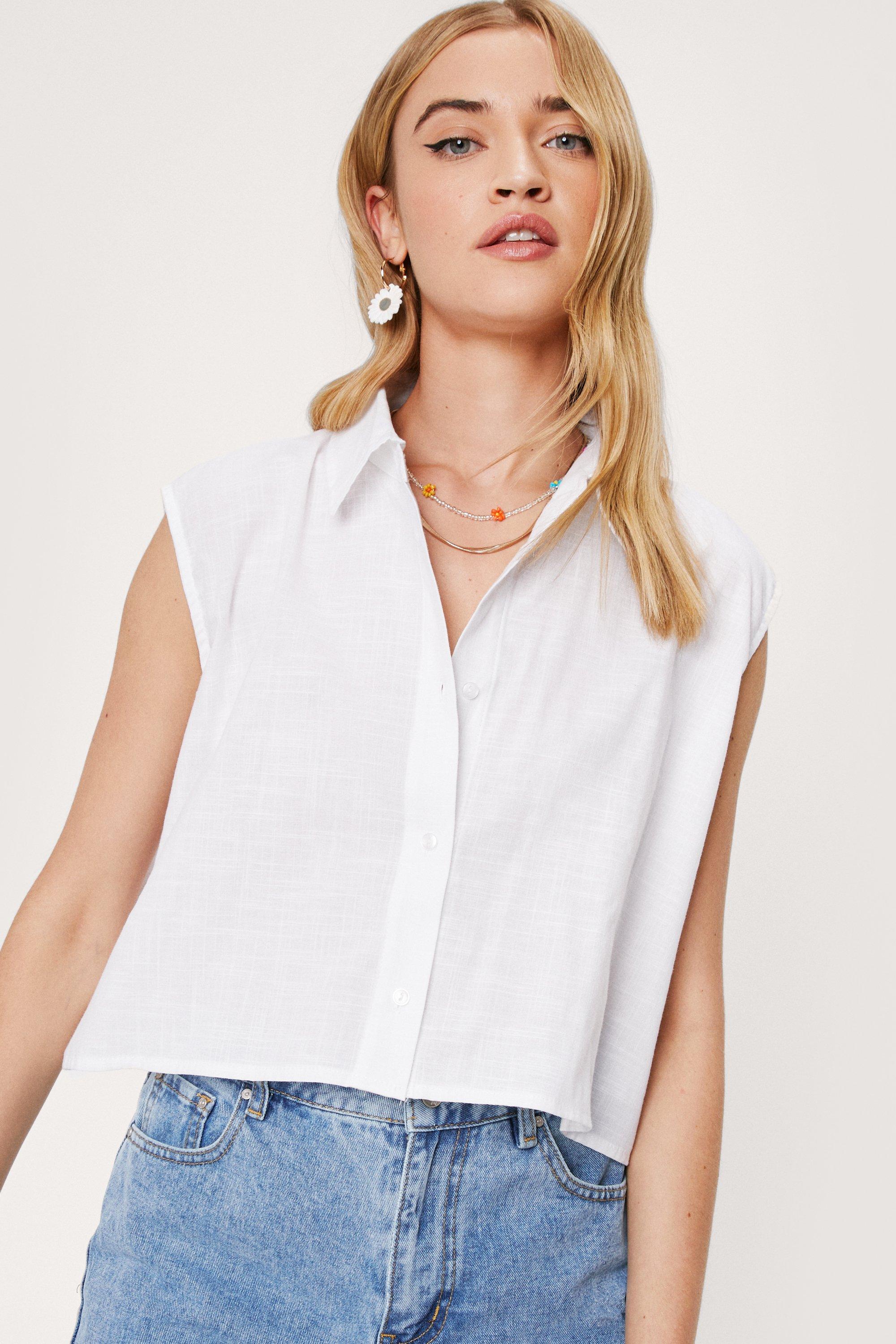 linen sleeveless button down shirts