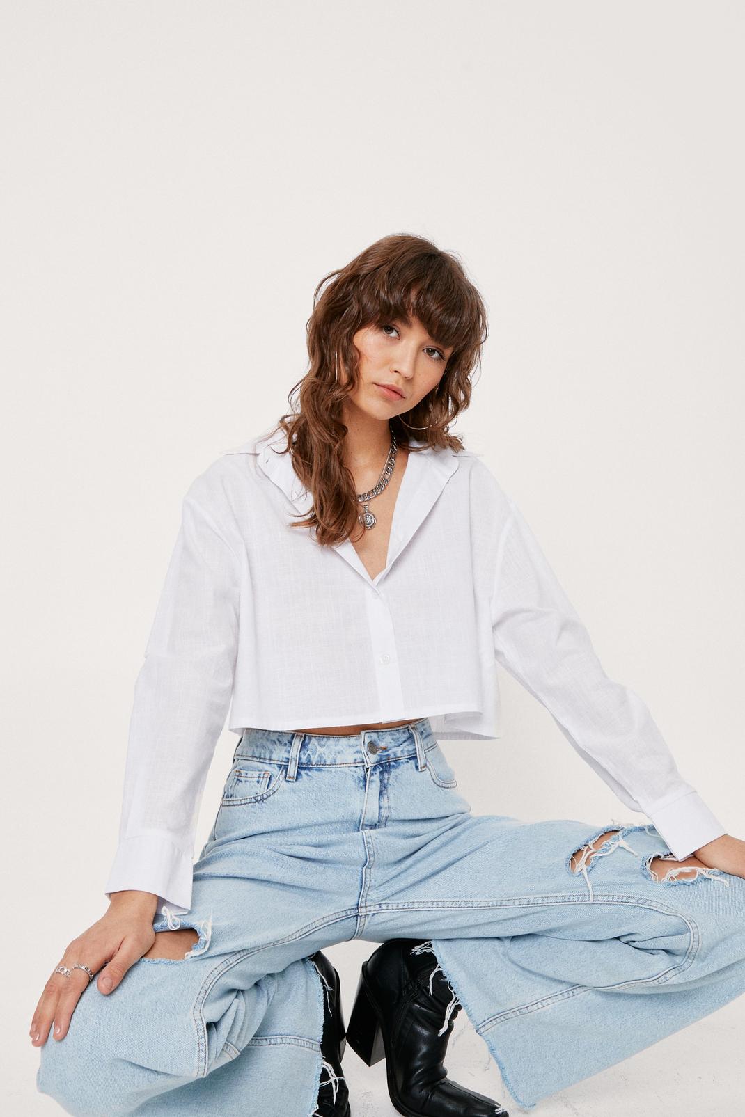 White Cropped Long Sleeve Linen Look Shirt image number 1