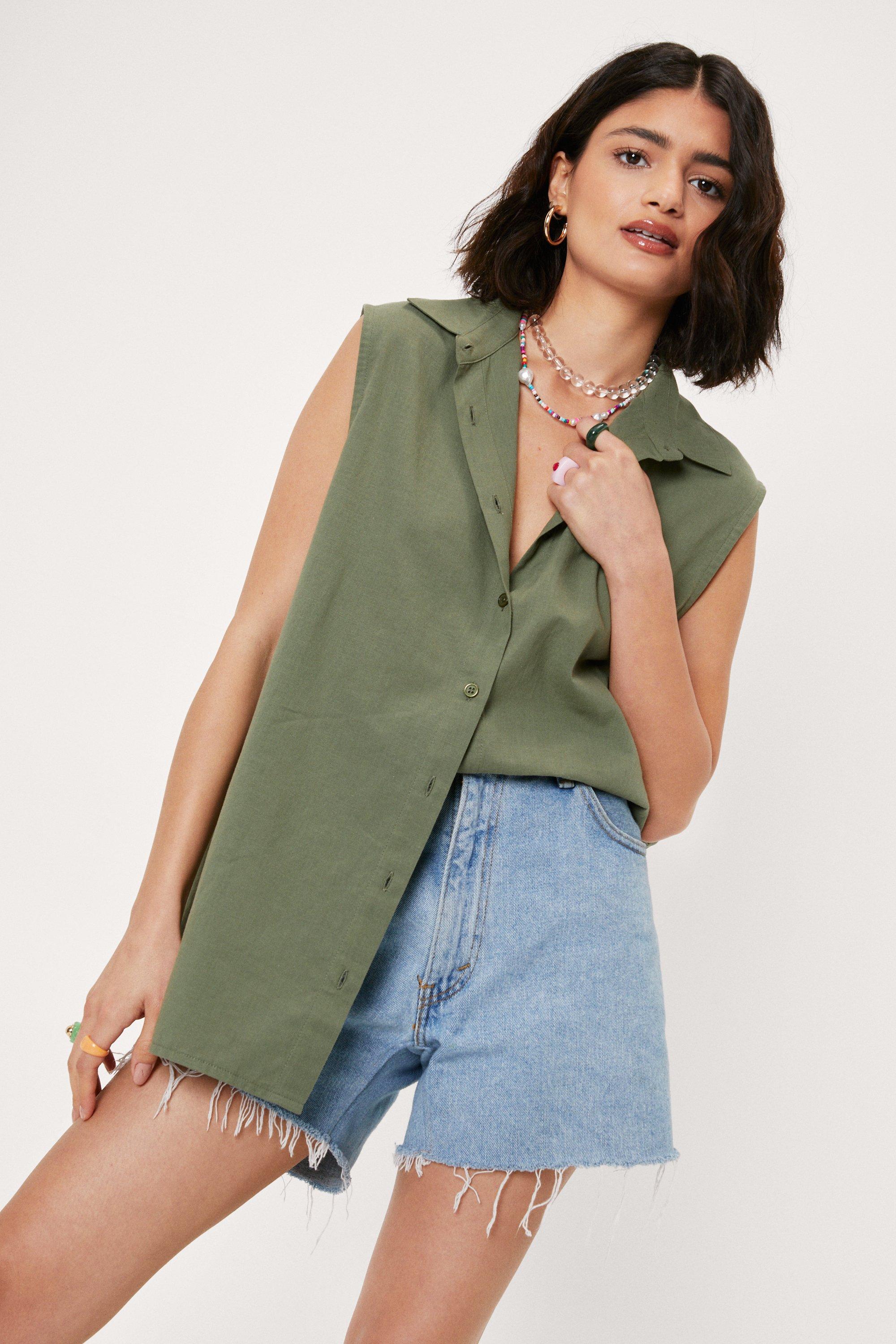 linen sleeveless button down shirts