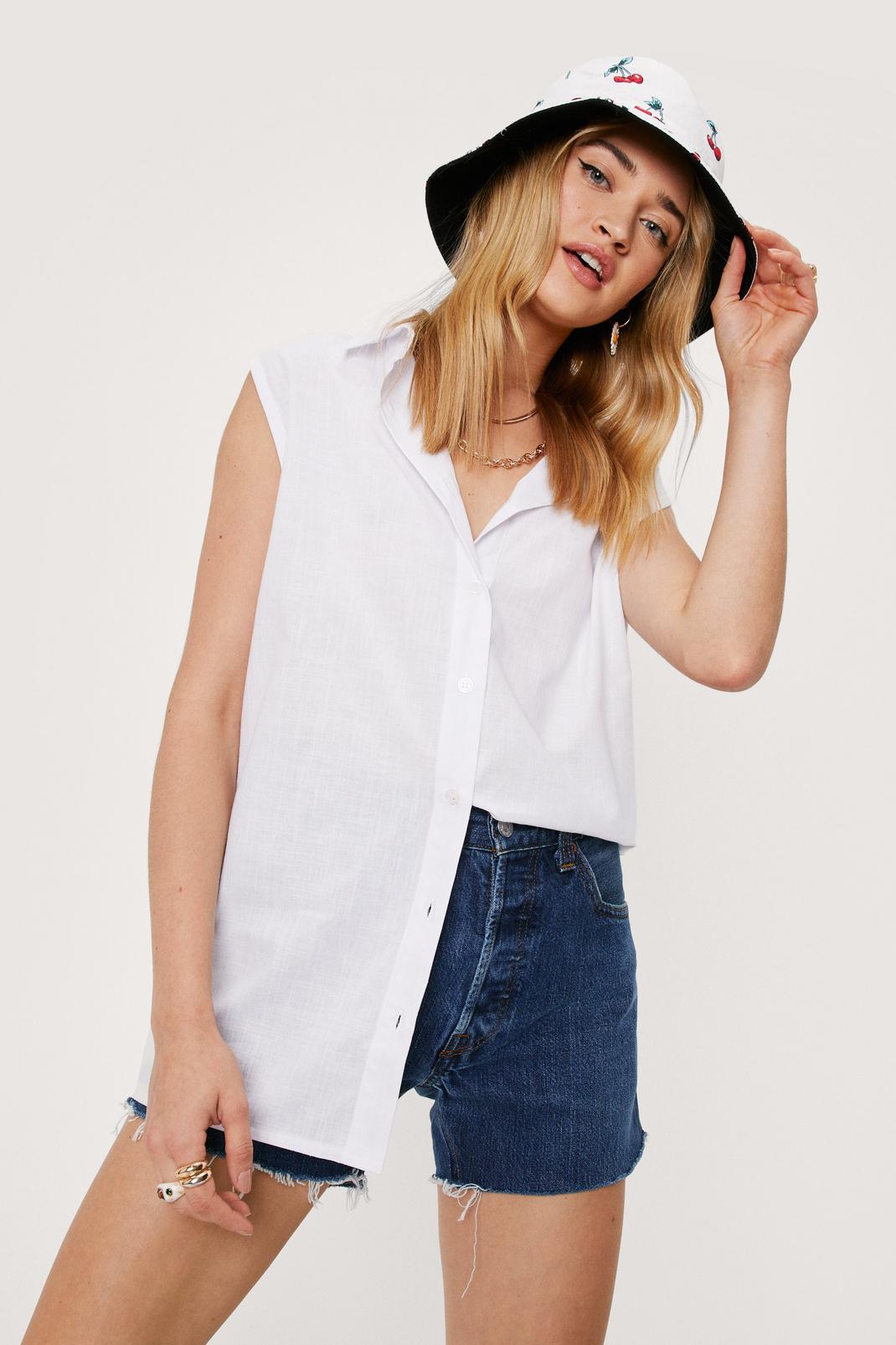 White Linen Sleeveless Button Down Longline Shirt image number 1