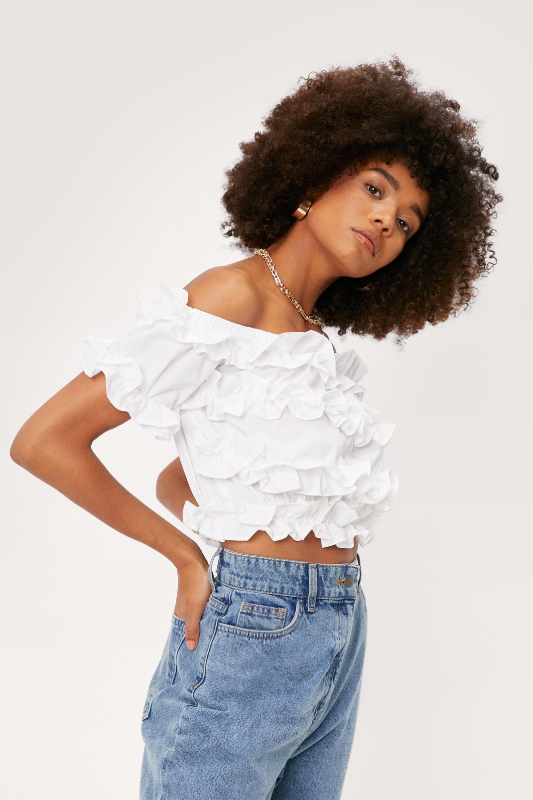 White Ruffle Off the Shoulder Crop Top image number 1