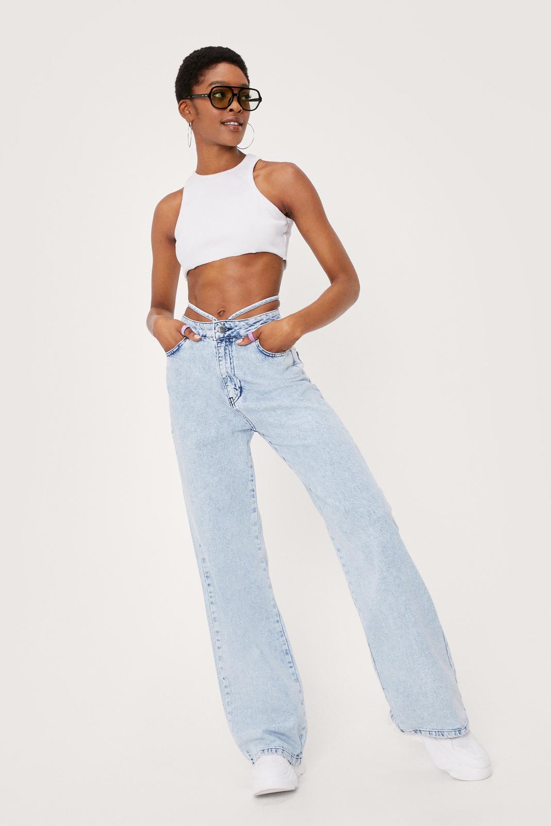Light blue Strappy Waist High Waisted Wide Leg Jeans image number 1