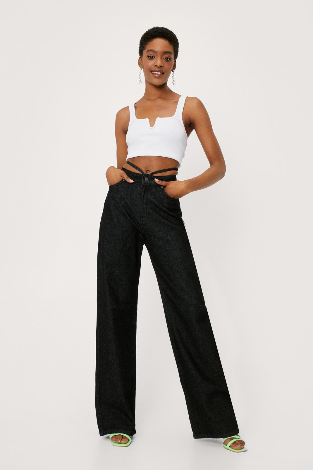 Washed black Strappy Waist High Waisted Wide Leg Jeans image number 1