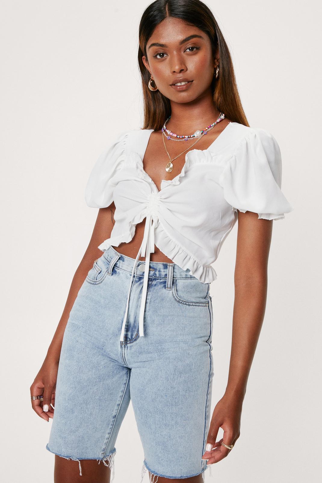 White Puff Sleeve Ruched Front Crop Top image number 1