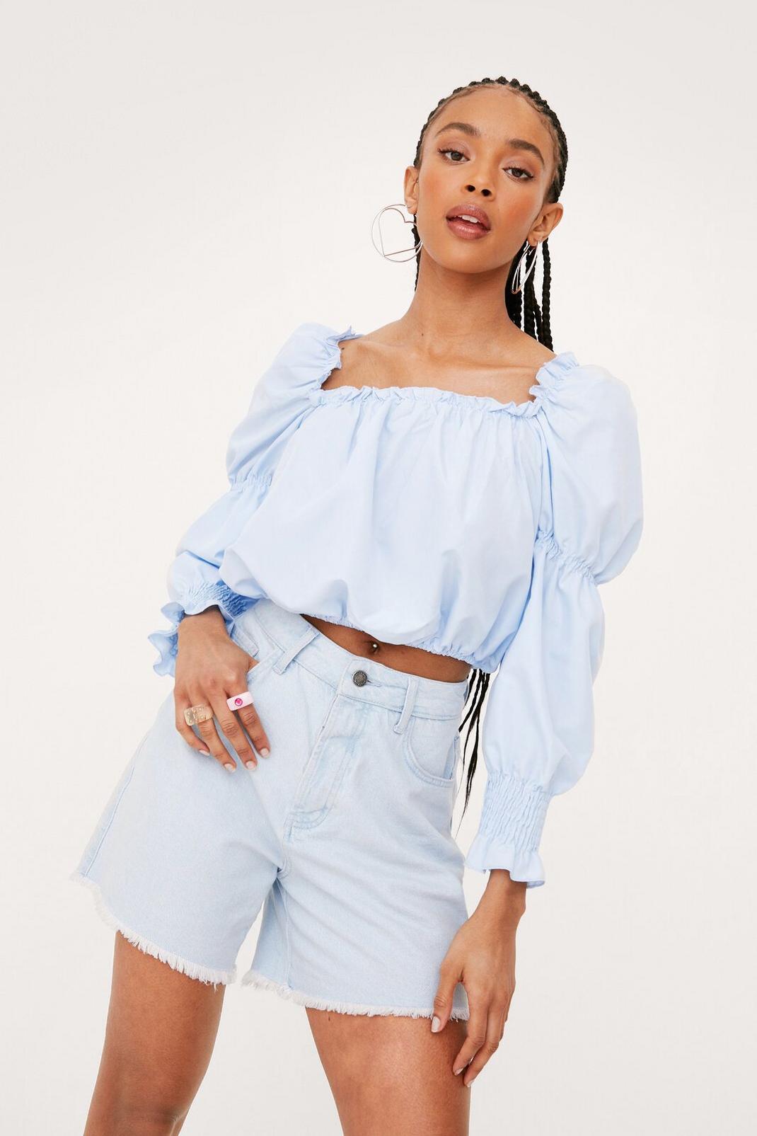 Blue Puff Sleeve Square Neck Crop Top image number 1