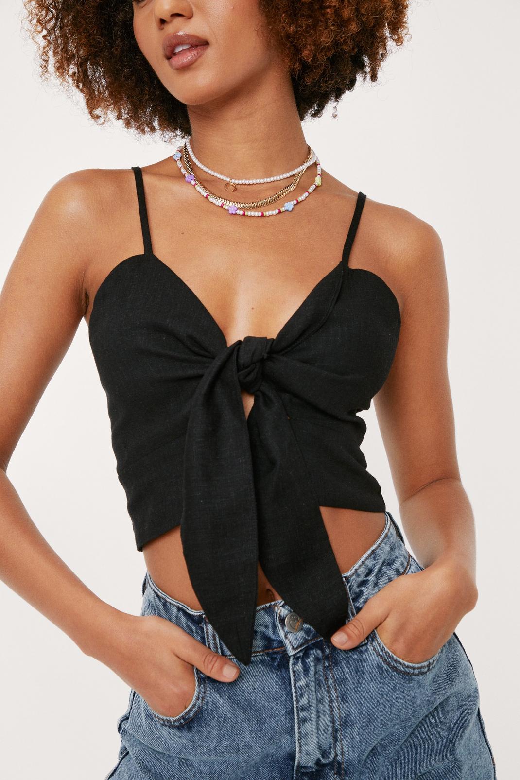 Black Linen Bow Front Cropped Cami Top image number 1