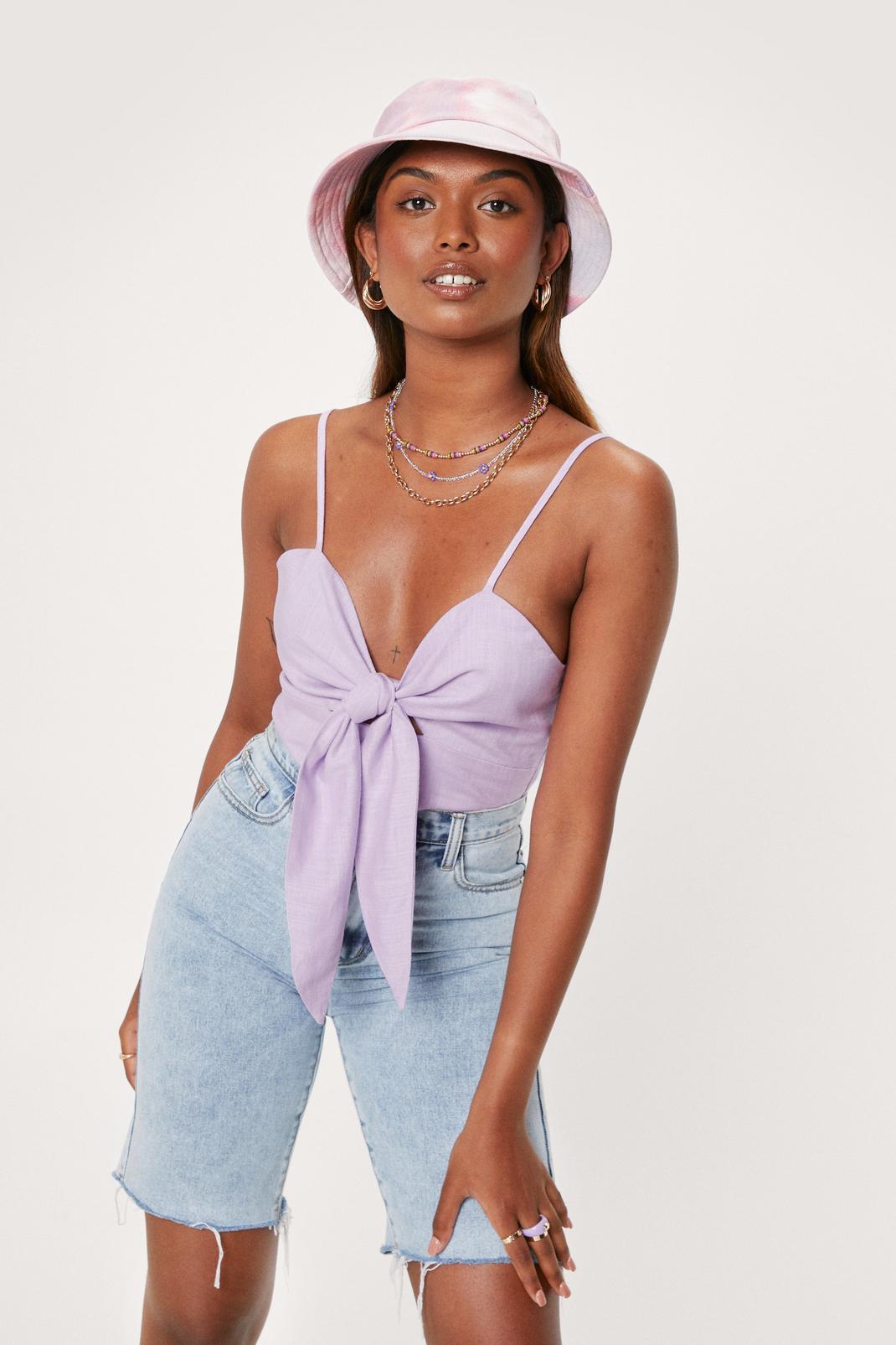 Lilac Linen Bow Front Cropped Cami Top image number 1