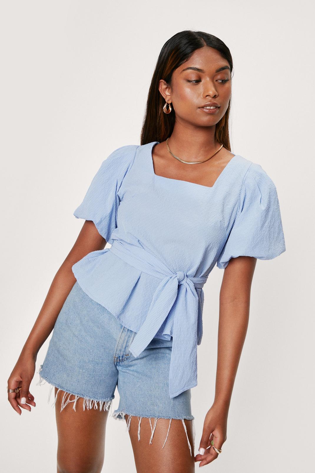 Blue Textured Puff Sleeve Tie Belt Blouse image number 1