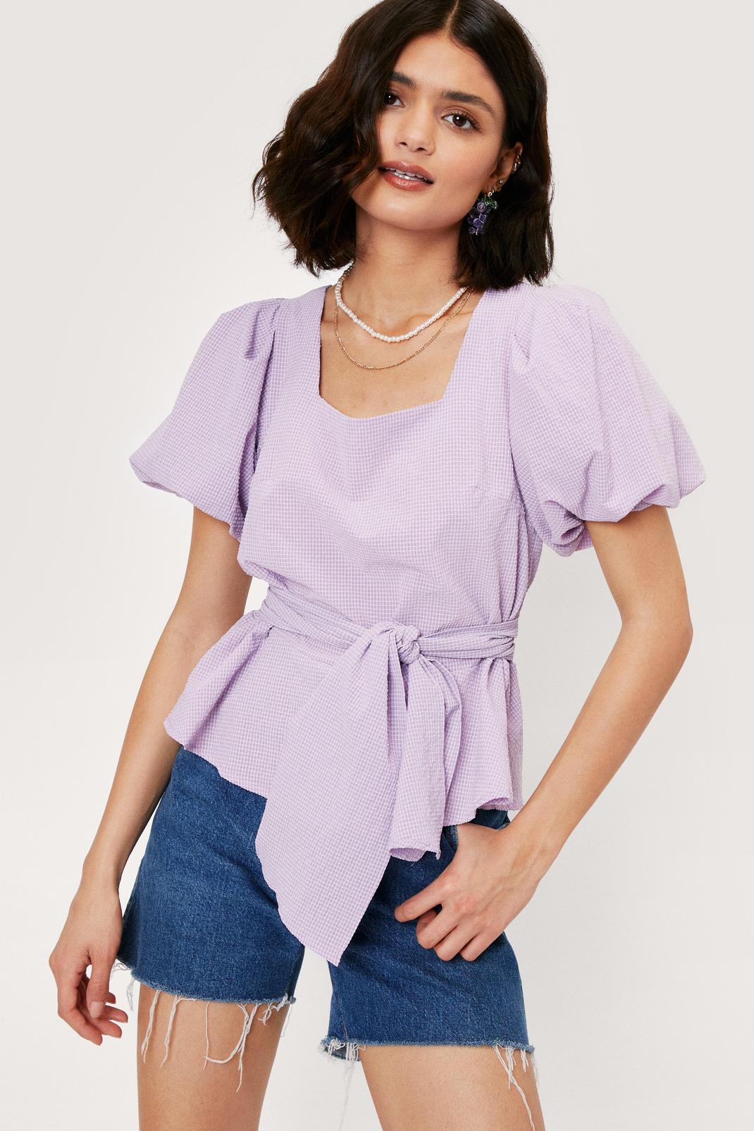 Lilac Textured Puff Sleeve Tie Belt Blouse image number 1