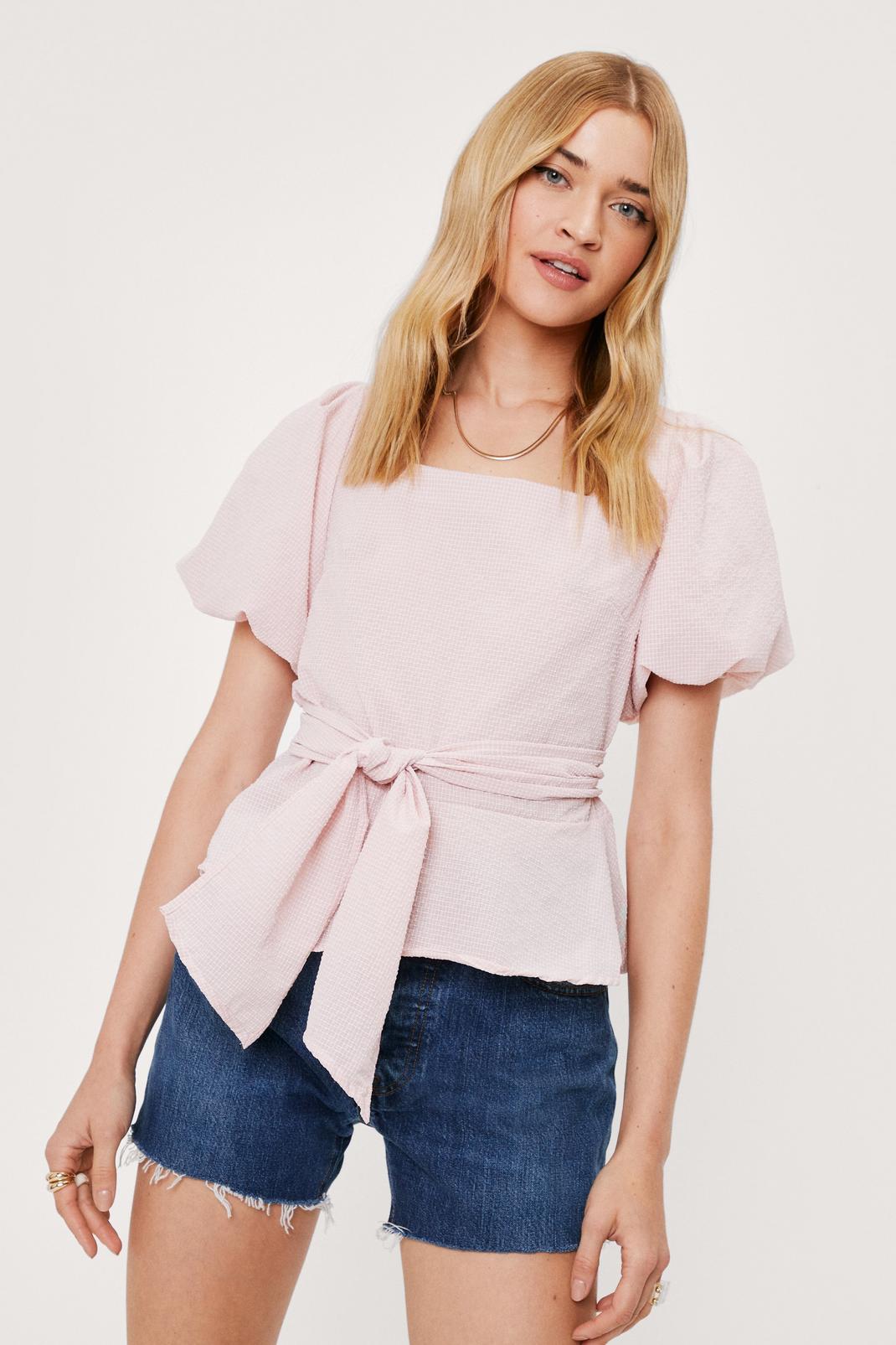 Pink Textured Puff Sleeve Tie Belt Blouse image number 1
