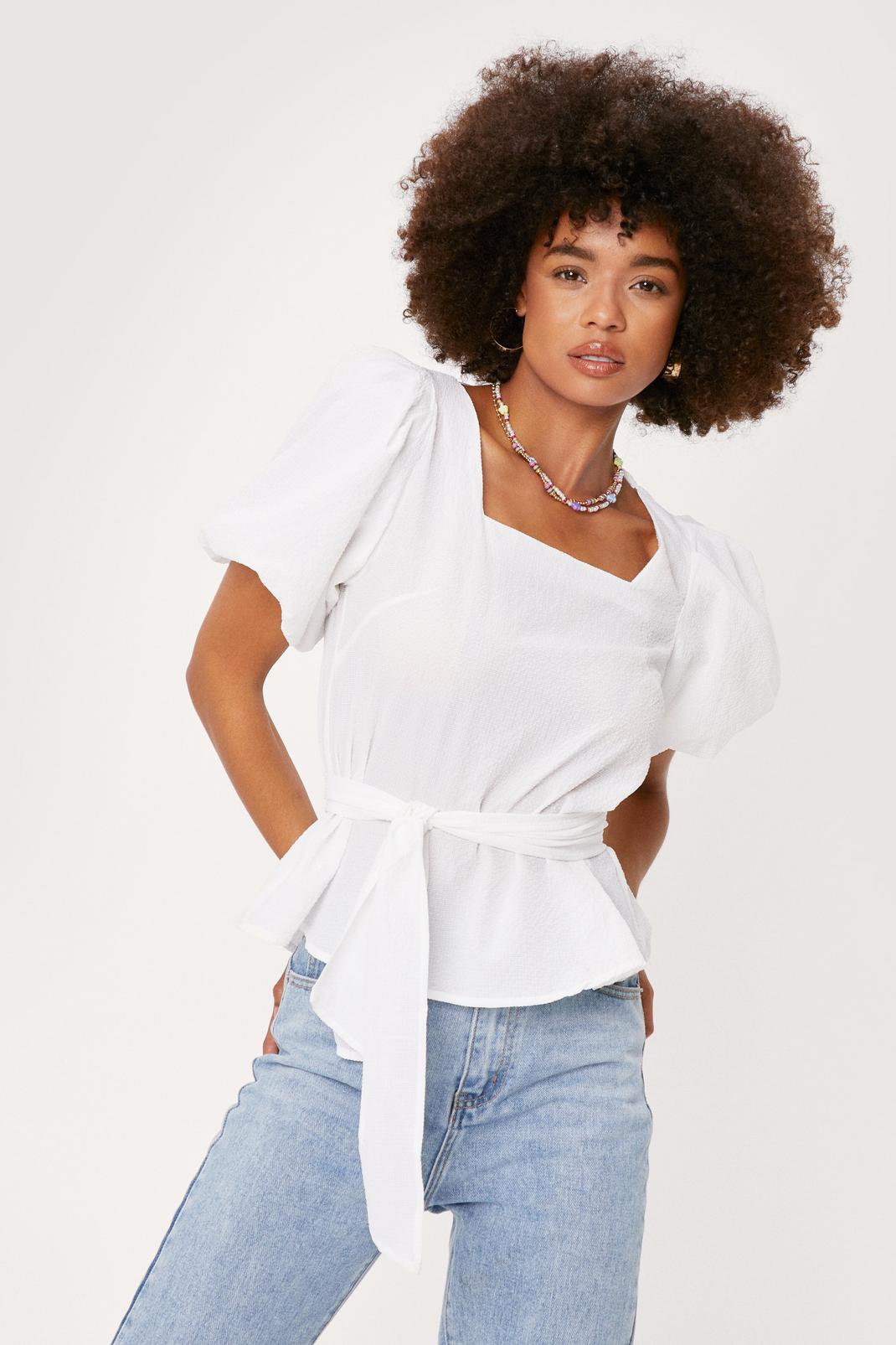 White Textured Puff Sleeve Tie Belt Blouse image number 1