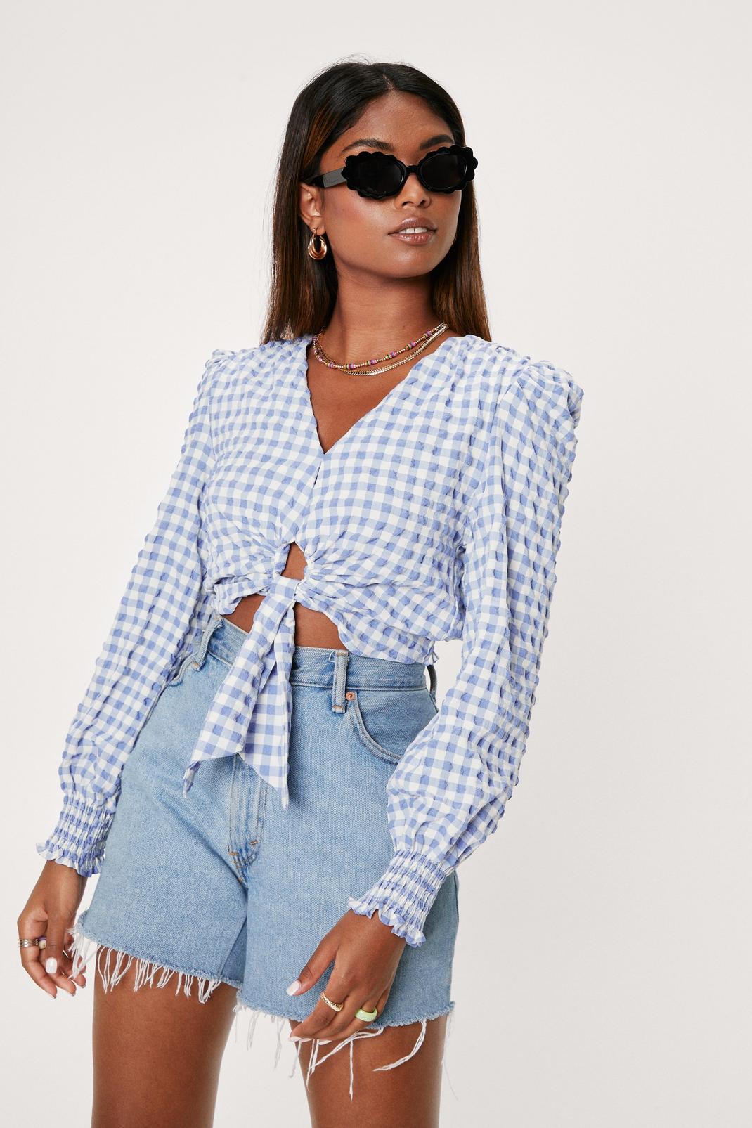 Blue Gingham Print Crop O-Ring Shirred Cuff Blouse image number 1