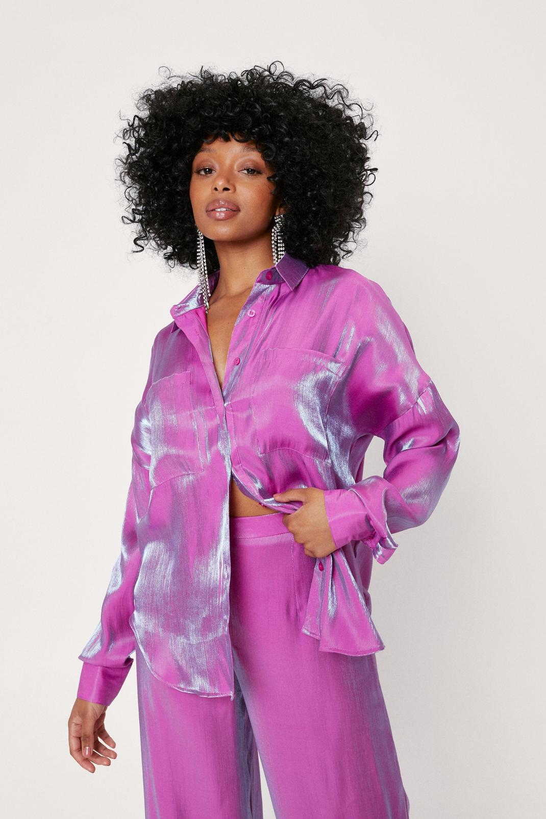 Hot pink Petite Satin Shimmer Button Down Shirt image number 1
