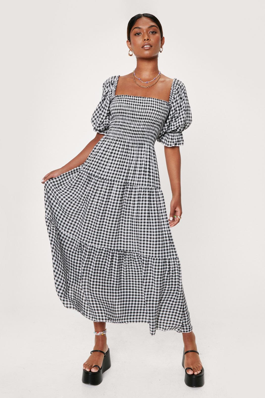 Black Gingham Puff Sleeve Tiered Maxi Dress image number 1