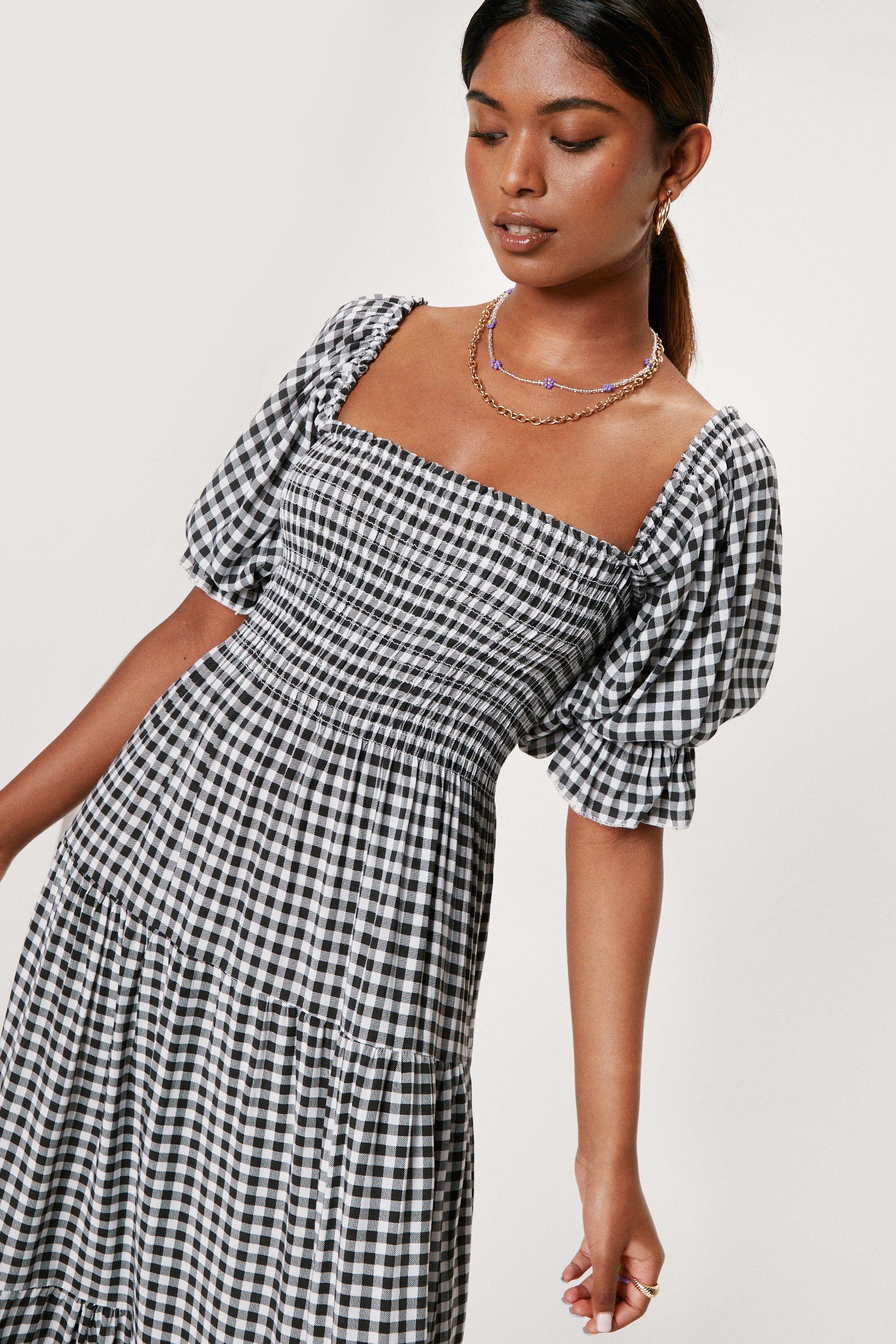 Gingham Puff Sleeve Tiered Maxi Dress