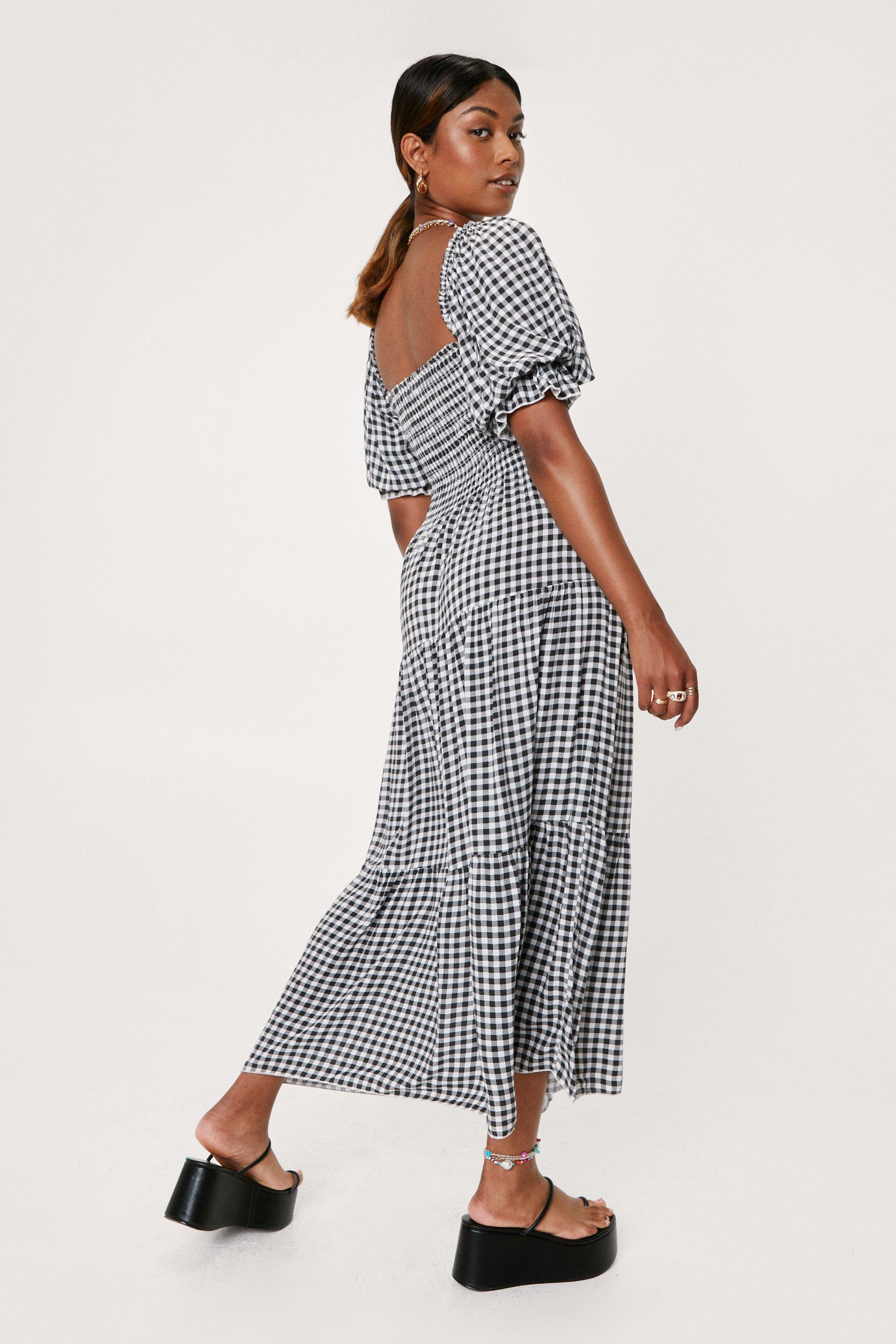 Gingham Puff Sleeve Tiered Maxi Dress ...