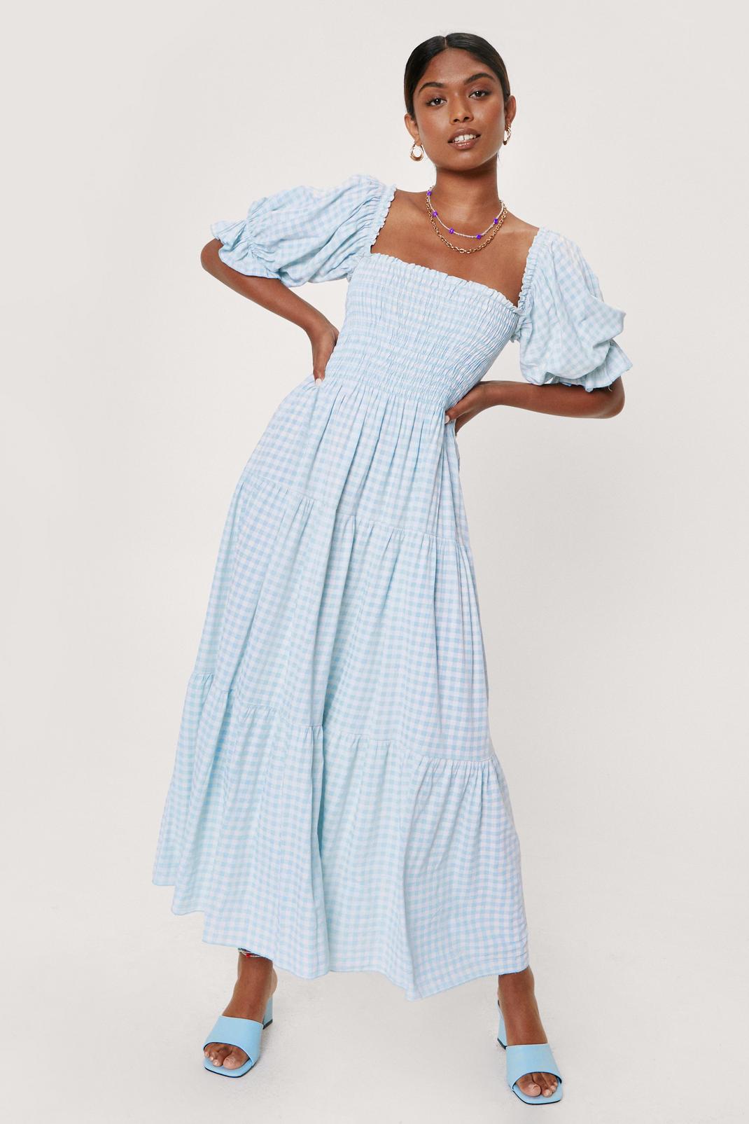 Blue Gingham Puff Sleeve Tiered Maxi Dress image number 1