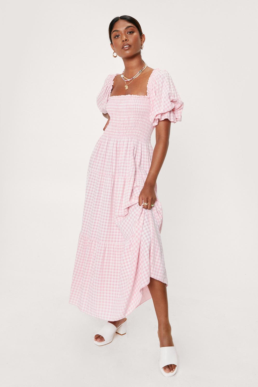 Pink Gingham Puff Sleeve Tiered Maxi Dress image number 1