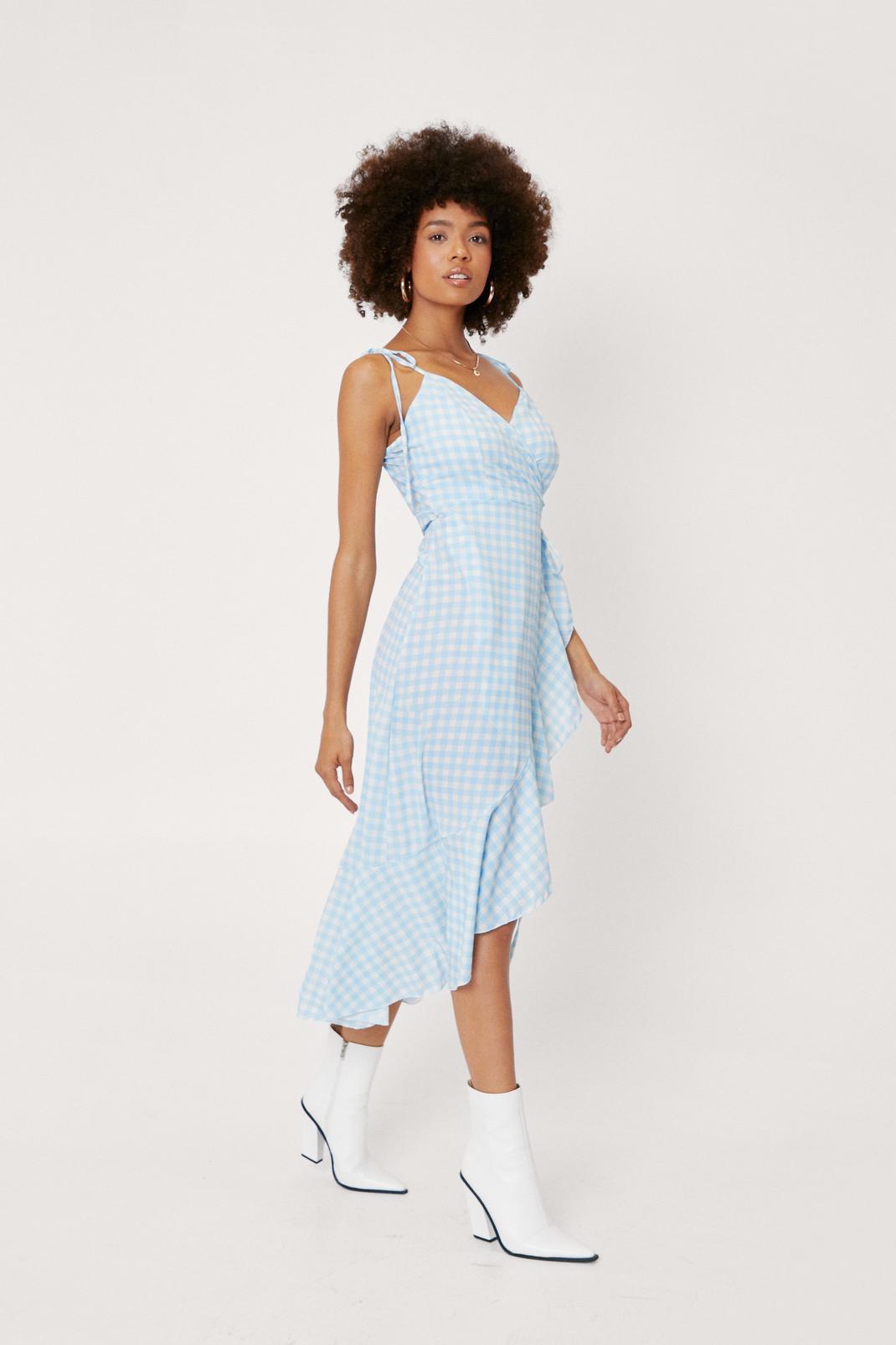Blue Gingham Strappy Wrap Midi Dress image number 1