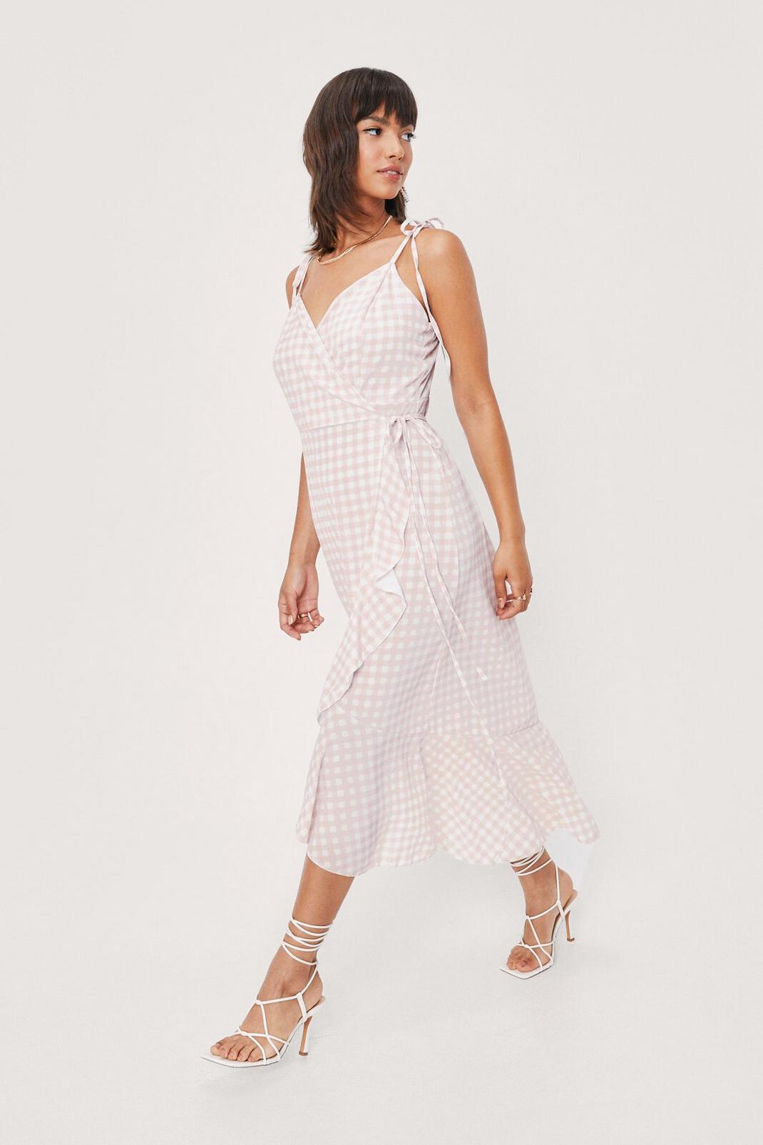 Stone Gingham Strappy Wrap Midi Dress image number 1