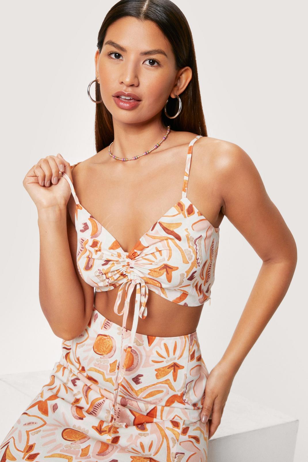 Orange Abstract Print Ruched Front Strappy Bralette image number 1