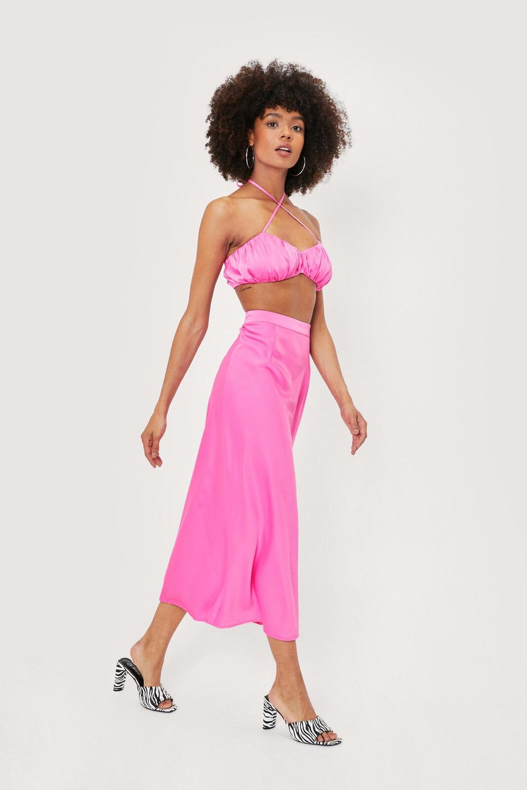 Pink Satin Bias Cut Slinky Midi Skirt image number 1