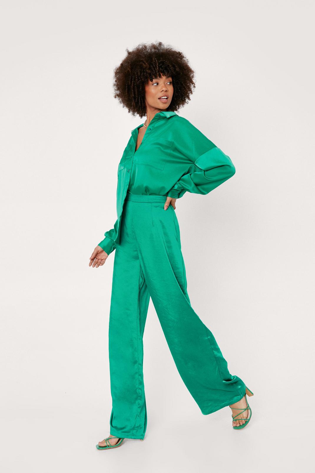 Green Satin Wide Leg High Waisted Trousers image number 1
