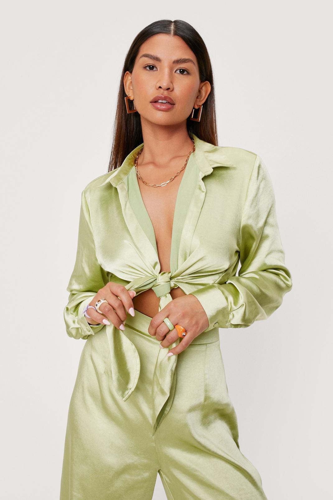 Olive Satin Tie Front Cropped Blouse image number 1