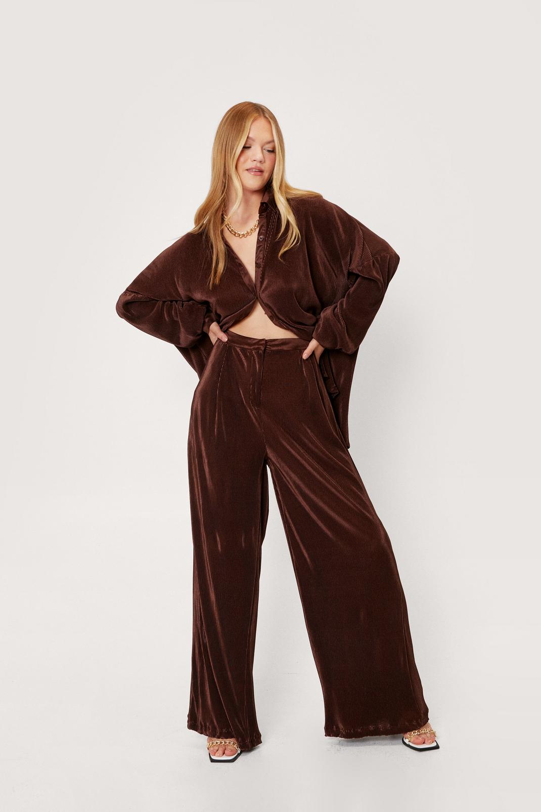 Chocolate High Waisted Plisse Wide Leg Pants image number 1