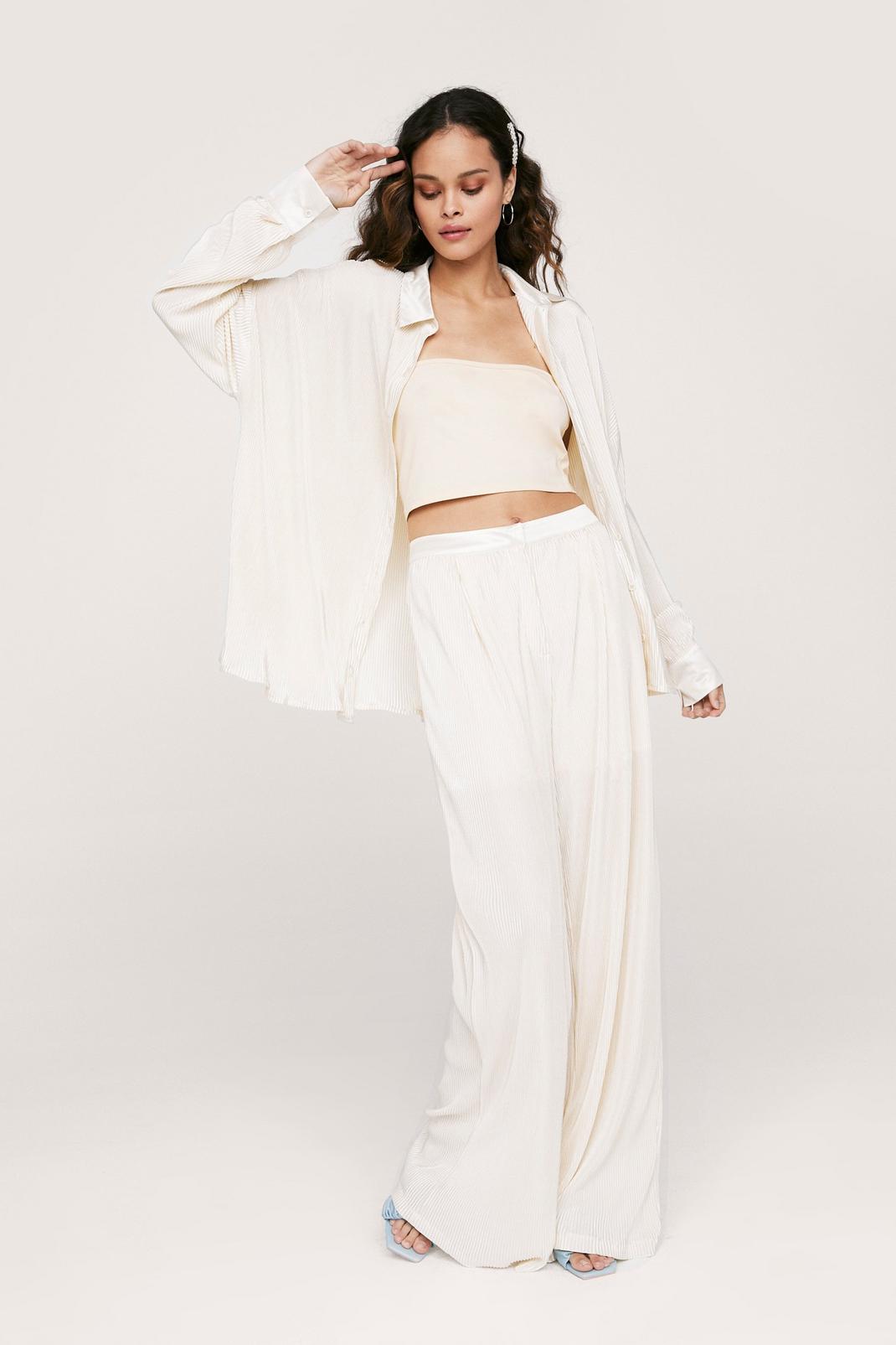 Ivory High Waisted Plisse Wide Leg Trousers image number 1
