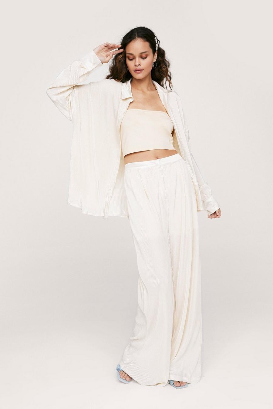 High Waisted Plisse Wide Leg Trousers