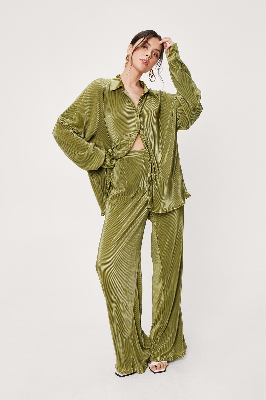 Olive High Waisted Plisse Wide Leg Trousers image number 1
