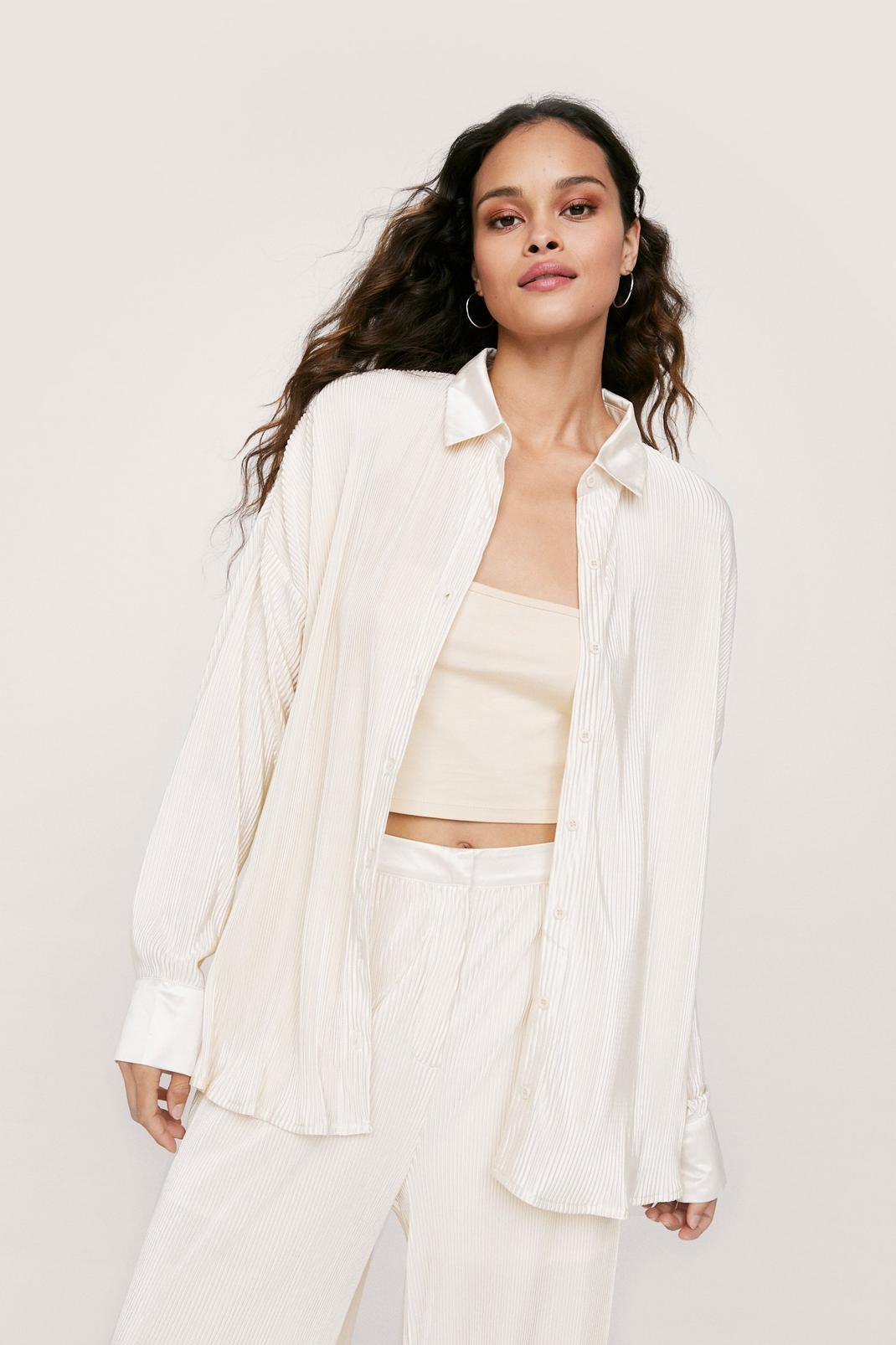 Ivory Plisse Oversized Button Down Shirt image number 1