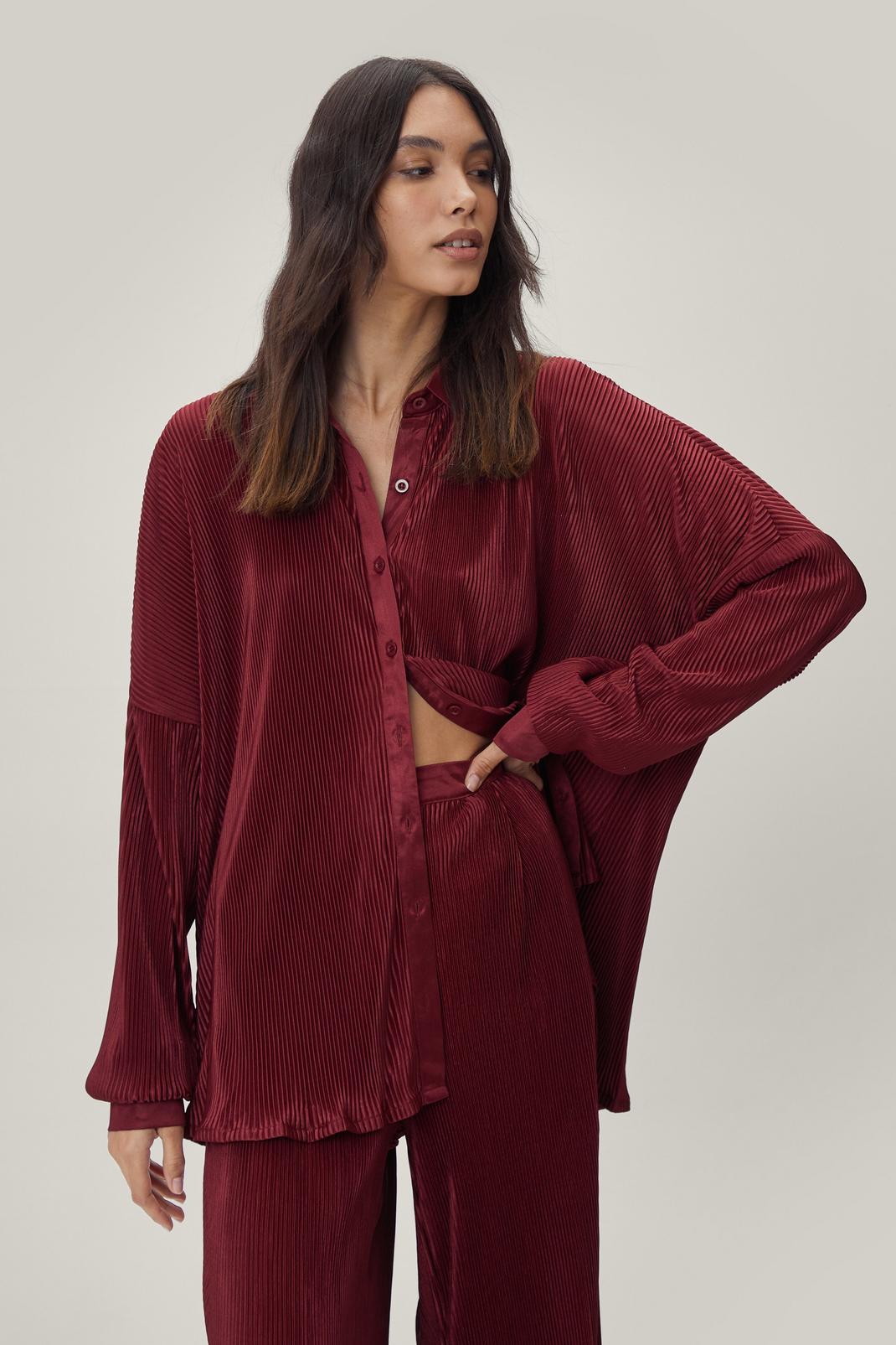 Wine Plisse Oversized Button Down Shirt image number 1