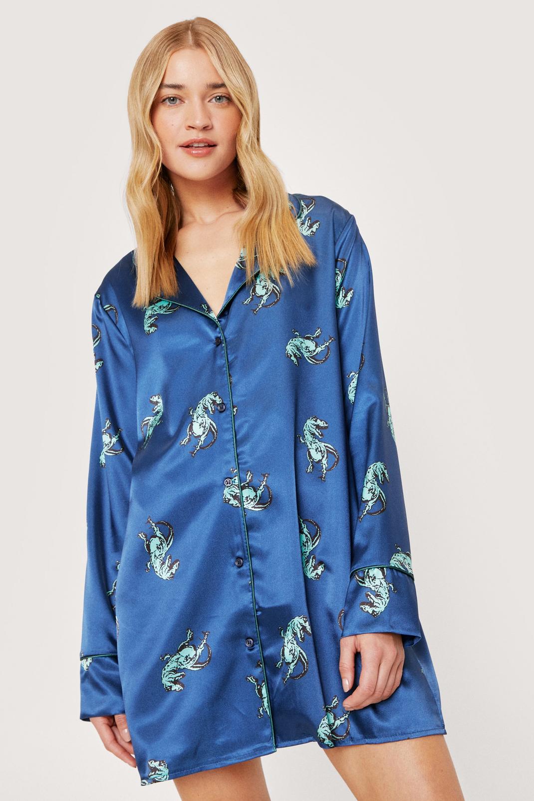 Navy Dinosaur Satin Pajama Shirt Dress image number 1